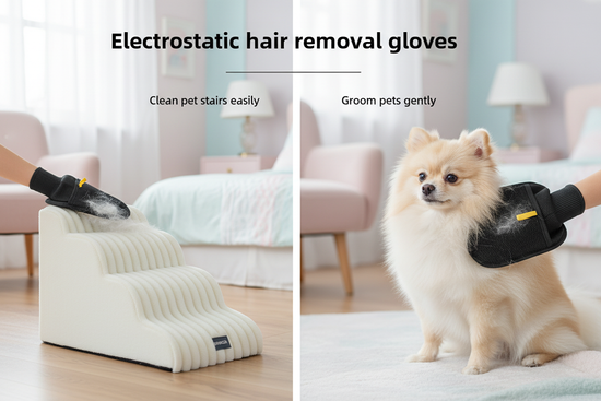 Split scene showing glove cleaning stairs and grooming Pomeranian