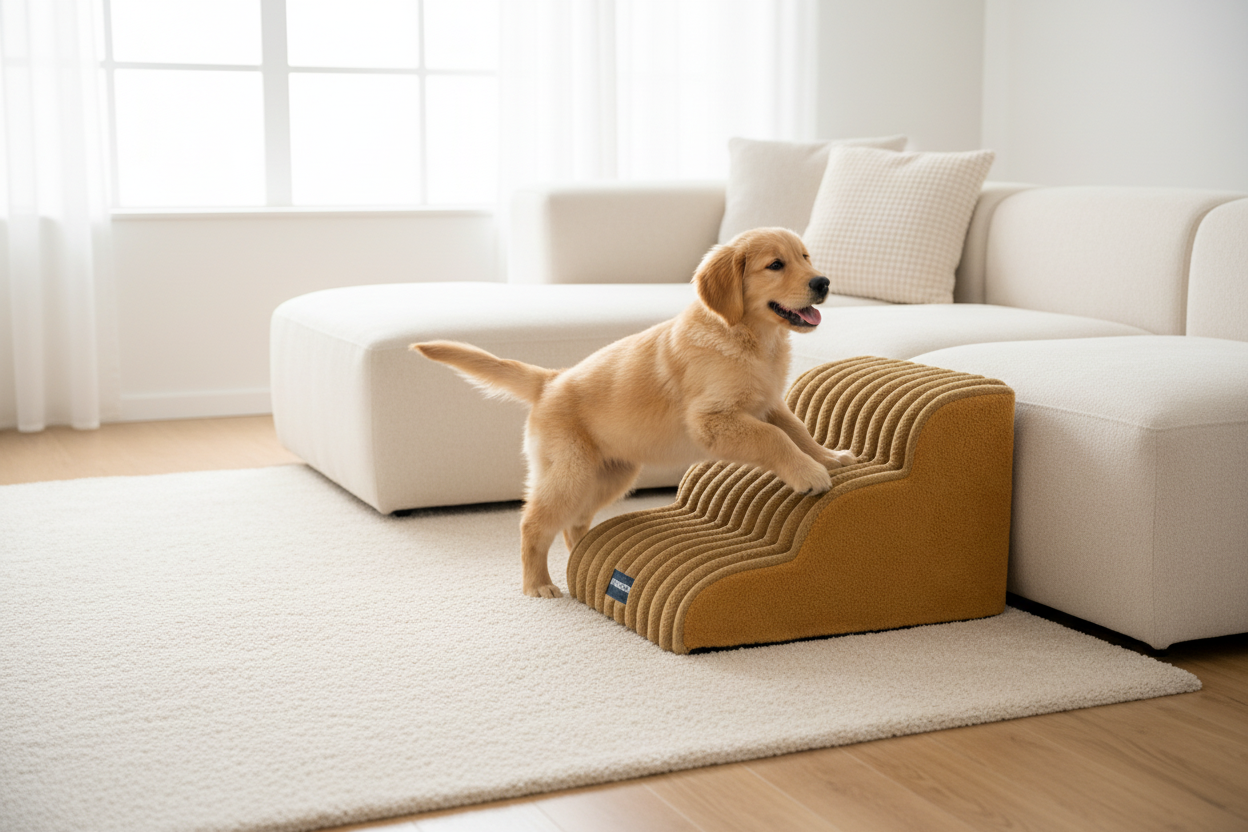 Pawsy Hero - Golden Retriever on Khaki Stairs